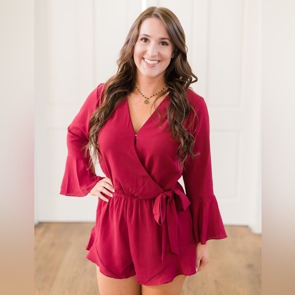 Buckle Pants - She & Sky Wrap V-Neck Side Tie Red Ruffle Romper Small